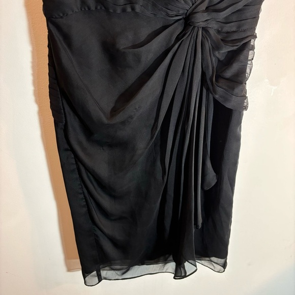 ADRIANNA PAPELL Sz 4 Sheath Midi Dress Faux Wrap Ruffles Sheer Ruching Zipper - Picture 4 of 10